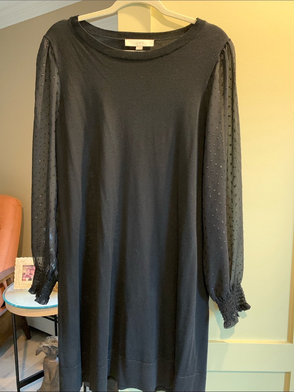 LOFT Black Knit Dress with Sheer Dotted Long Sleeves